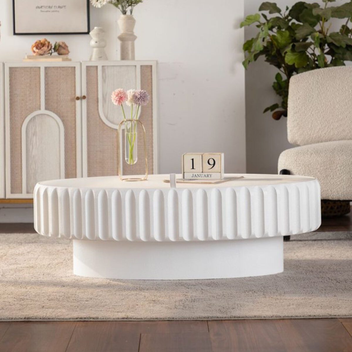White Fluted Round Storage Coffee Table - Modern Ribbed Accent Table with Hidden Compartment - Image 4