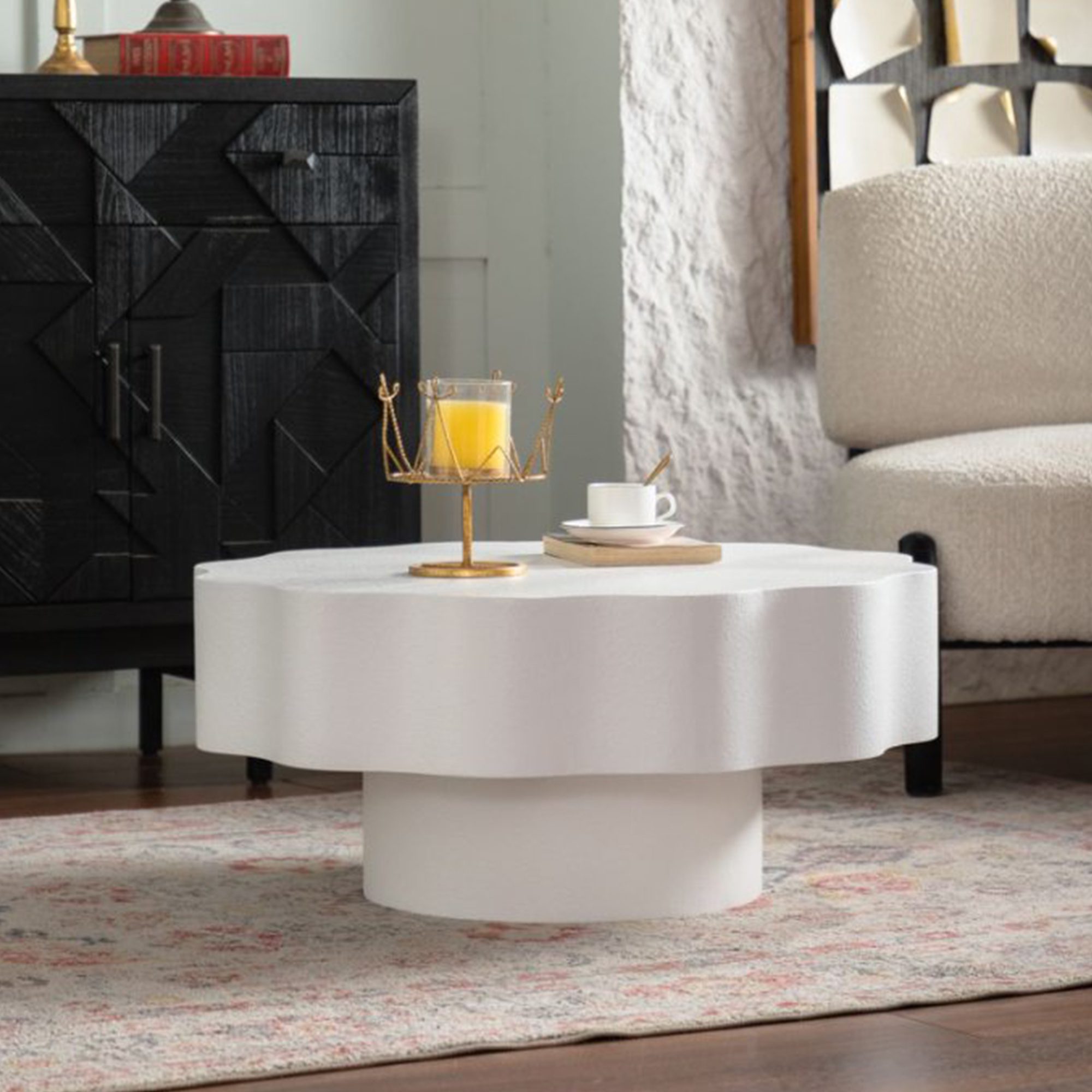 7 White Scalloped Round Coffee Table - Modern Wavy Edge Accent Table - Image 1