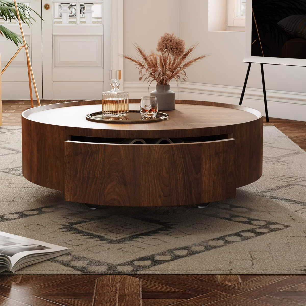 Arbol Manualidad Mid-Century Walnut Round Coffee Table, 35.4" Center Table with Two Storage Drawers and Non-Slip Feet - Image 2