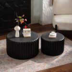 Set of 2 Black Fluted Nesting Storage Tables - Modern Round Accent Coffee & Side Tables