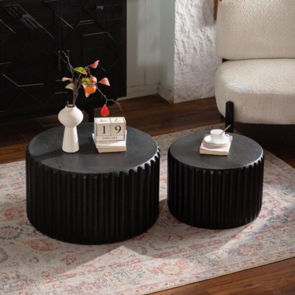 Set of 2 Black Fluted Nesting Storage Tables - Modern Round Accent Coffee & Side Tables