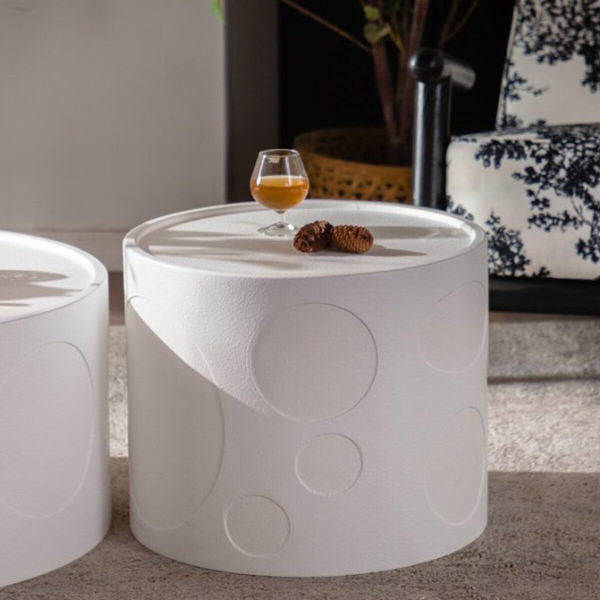 White Embossed Cylinder Side Table - Modern Textured Round Accent Table - Image 2