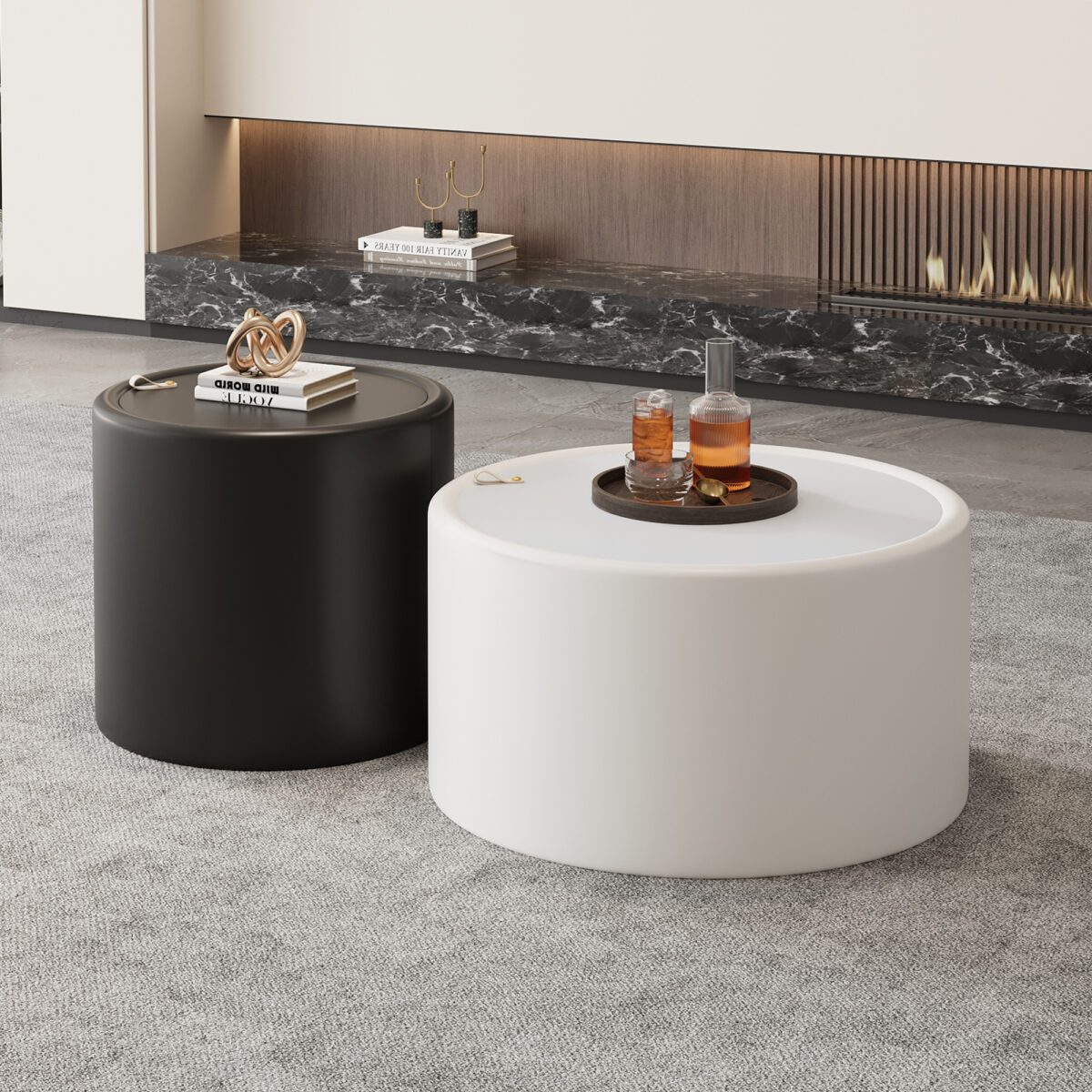 White Round Storage Coffee Table - Tempered Glass Top & PU Leather Cylinder Accent Table - Image 3