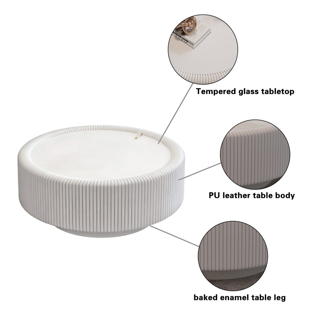 White Pleated Round Coffee Table - Tempered Glass Top & PU Leather Fluted Accent Table - Image 4