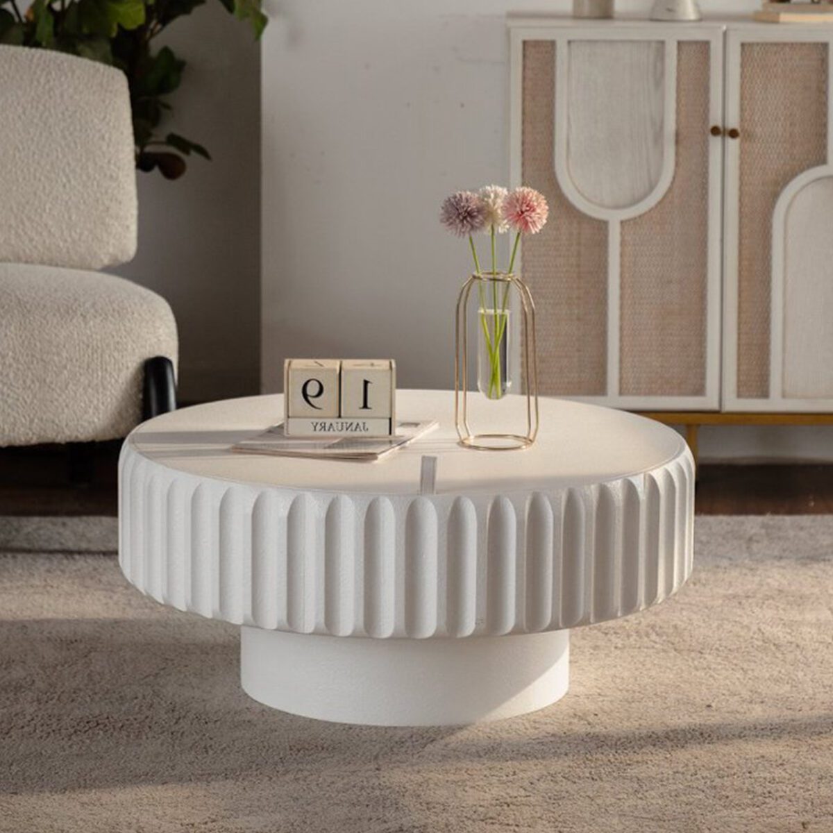 White Fluted Round Storage Coffee Table - Modern Ribbed Accent Table with Lift-Off Lid - Image 3
