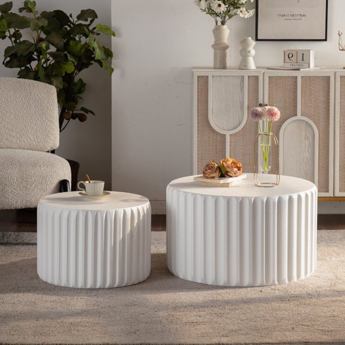 Set of 2 White Fluted Nesting Tables - Modern Ribbed Round Accent Tables - Image 4