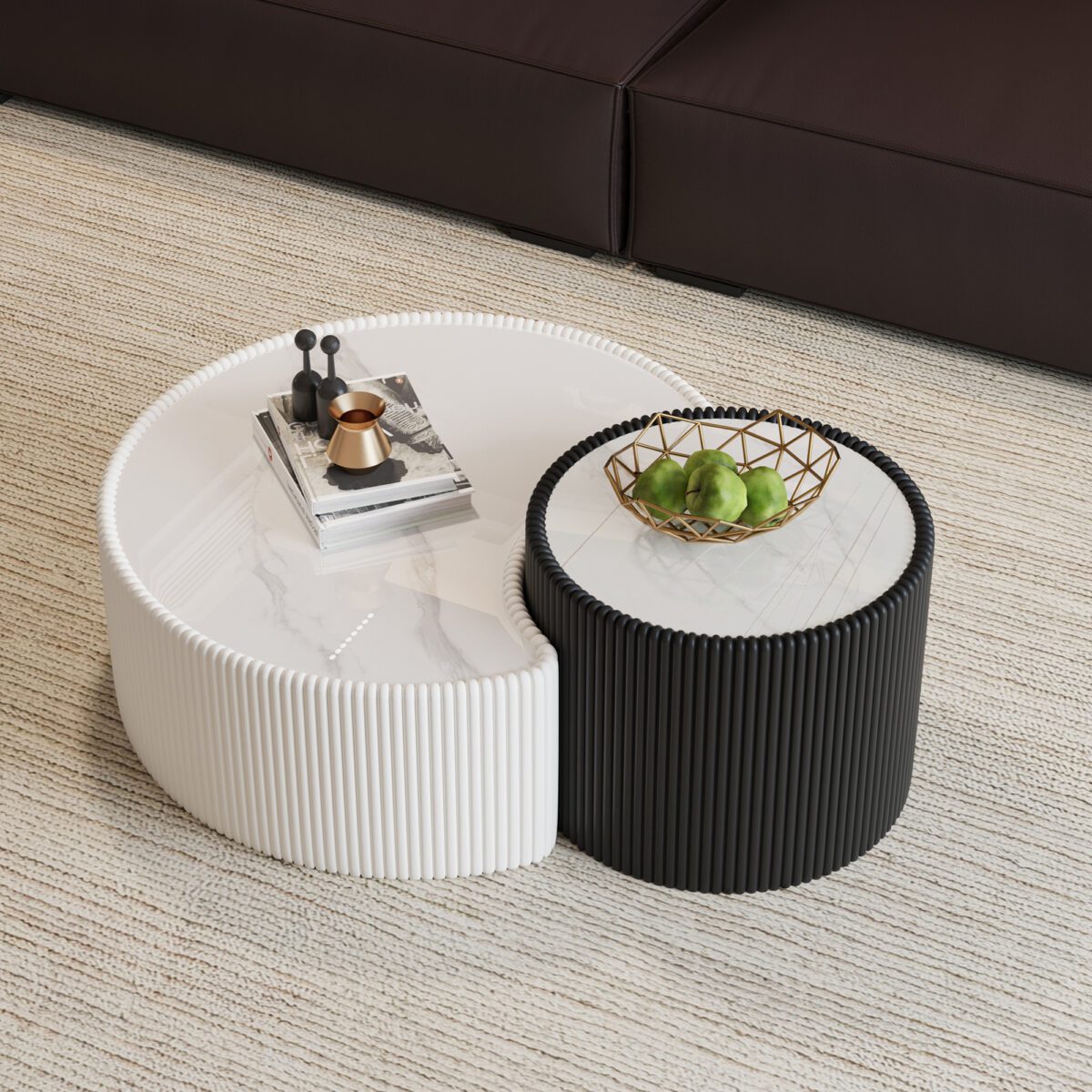 White Pleated C-Shaped Coffee Table - Sintered Stone Top & Fluted PU Leather Accent Table - Image 3