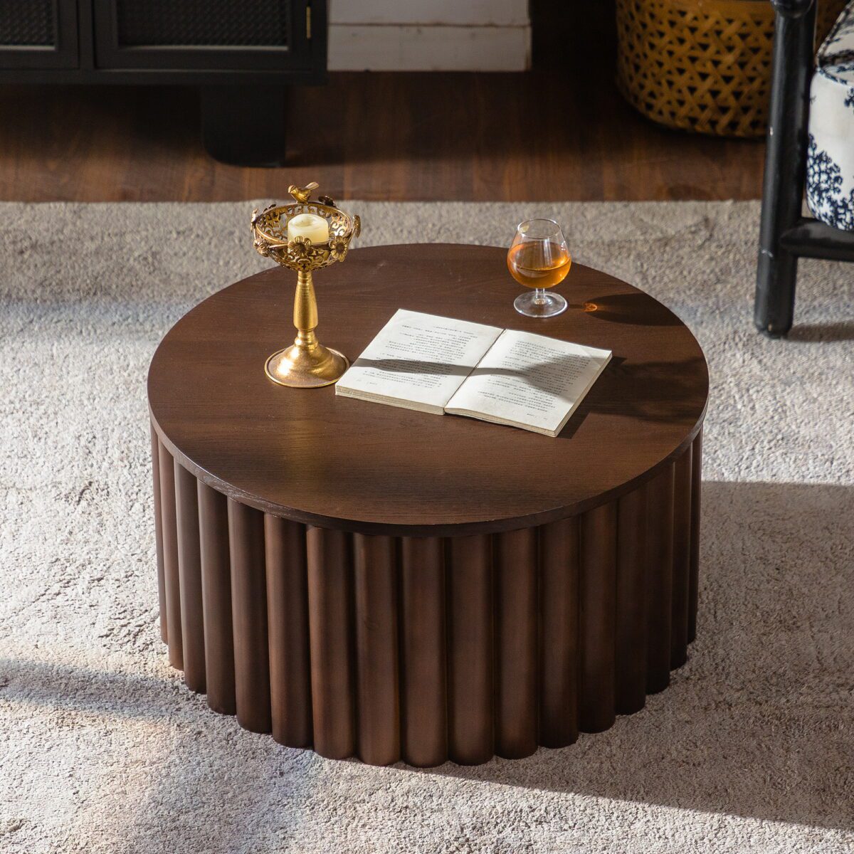 Dark Brown Fluted Lift-Top Coffee Table - Round Ribbed Accent Table with Hidden Storage - Image 5