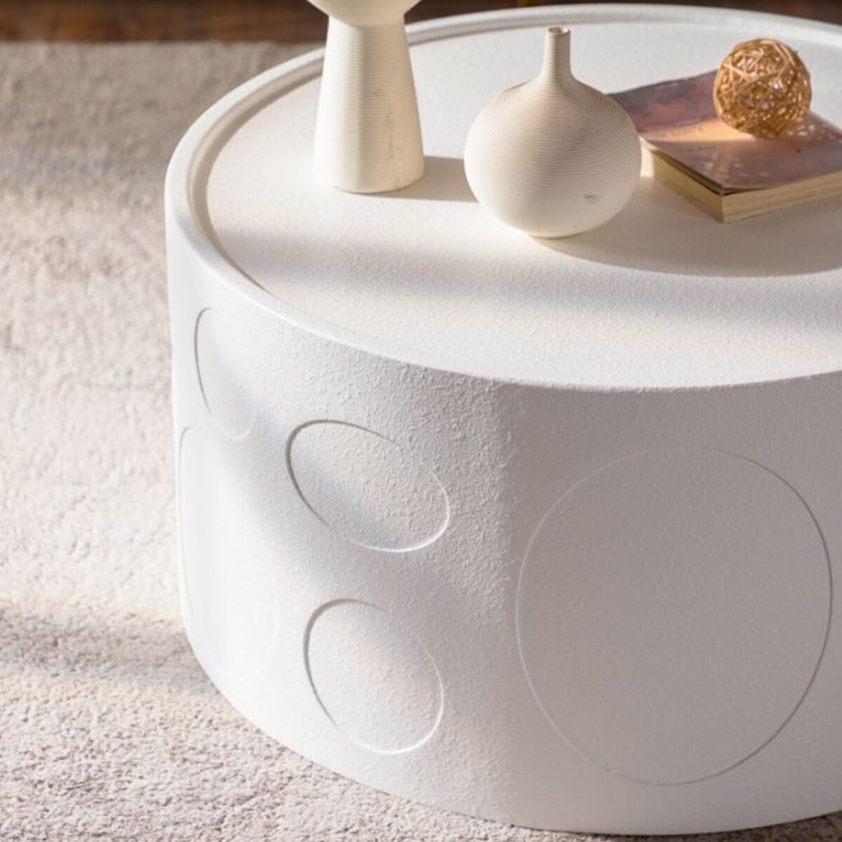 White Embossed Cylinder Side Table - Modern Textured Round Accent Table - Image 3