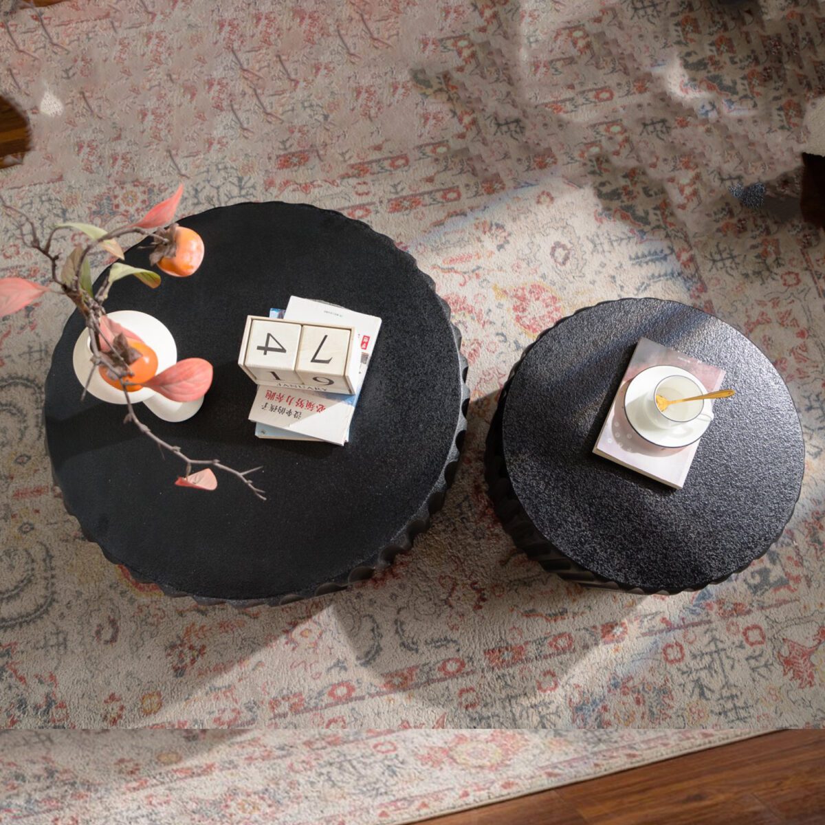 Set of 2 Black Fluted Nesting Storage Tables - Modern Round Accent Coffee & Side Tables - Image 5