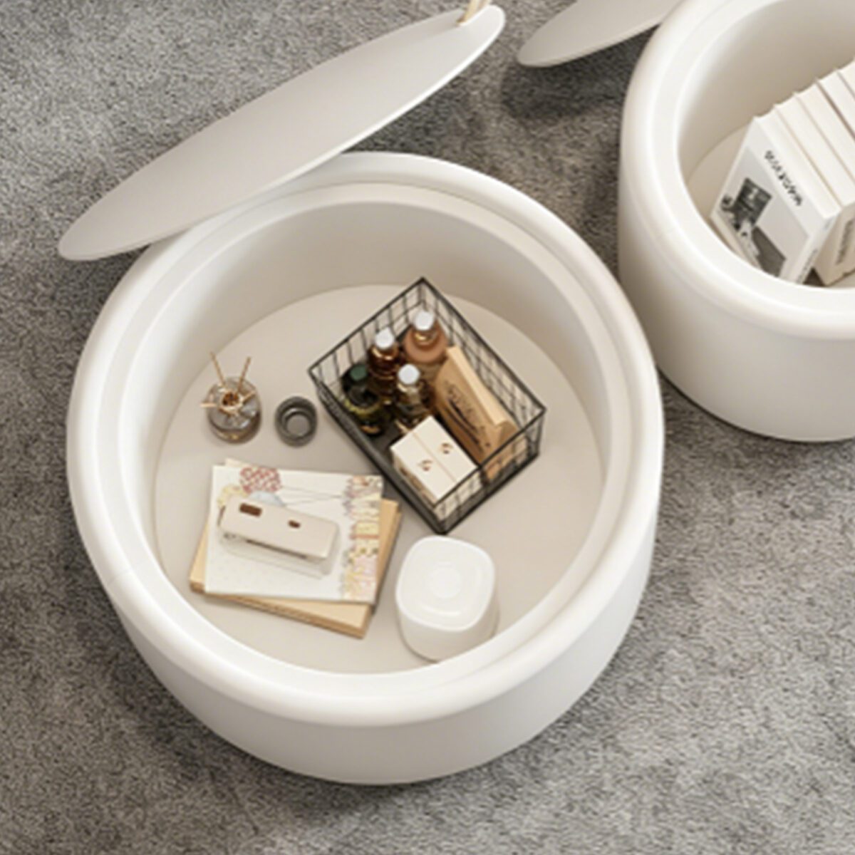 White Round Storage Coffee Table - Tempered Glass Top & PU Leather Cylinder Accent Table - Image 4