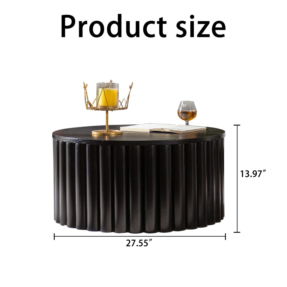 Black Fluted Lift-Top Coffee Table - Round Ribbed Accent Table with Hidden Storage - Image 5