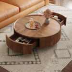 Arbol Manualidad Mid-Century Walnut Round Coffee Table, 35.4" Center Table with Two Storage Drawers and Non-Slip Feet