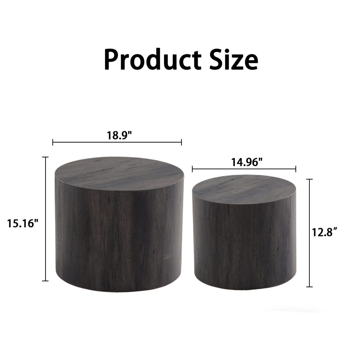 Set of 2 Nesting Round Cylinder MDF Side Tables, Dark Rustic Wood-Grain Drum Accent Table Set - Image 5