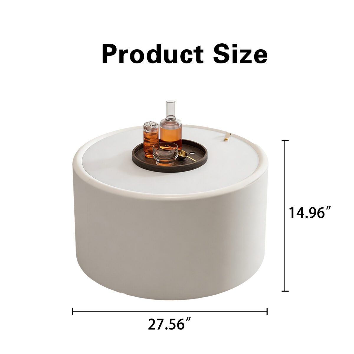 White Round Storage Coffee Table - Tempered Glass Top & PU Leather Cylinder Accent Table - Image 7