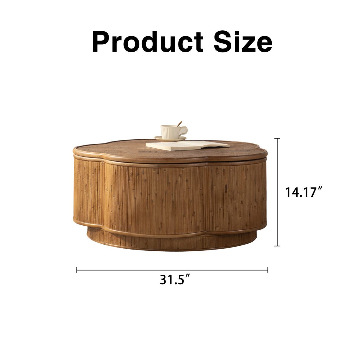 Clover-Shaped Bamboo Storage Coffee Table - Woven Bamboo Accent Table with Hidden Compartment - Image 5