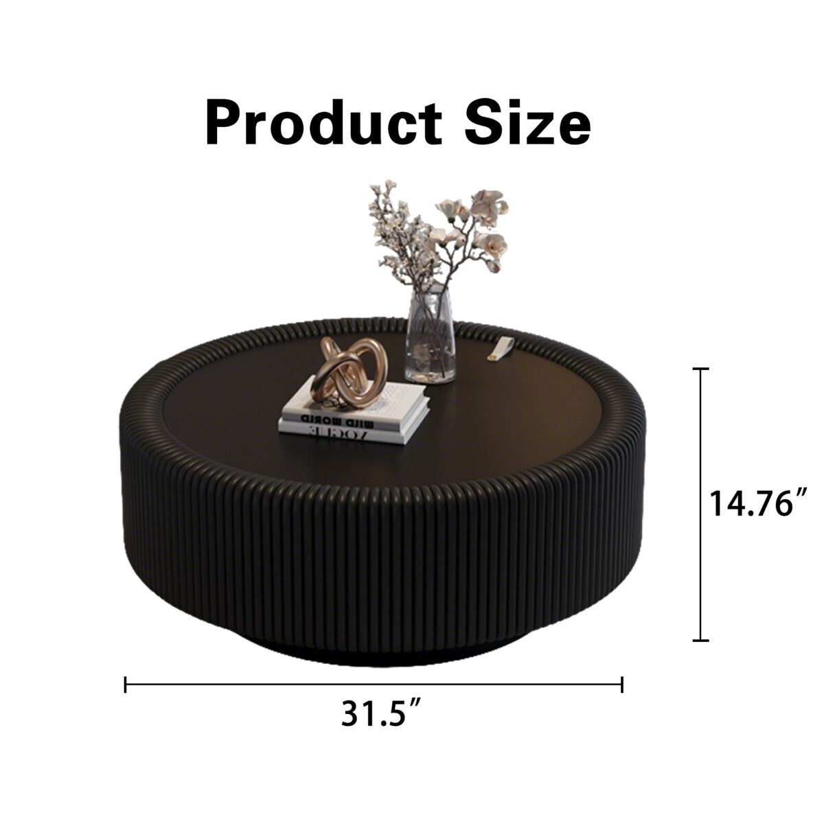 Black Pleated Round Coffee Table - Tempered Glass Top & PU Leather Fluted Accent Table - Image 6