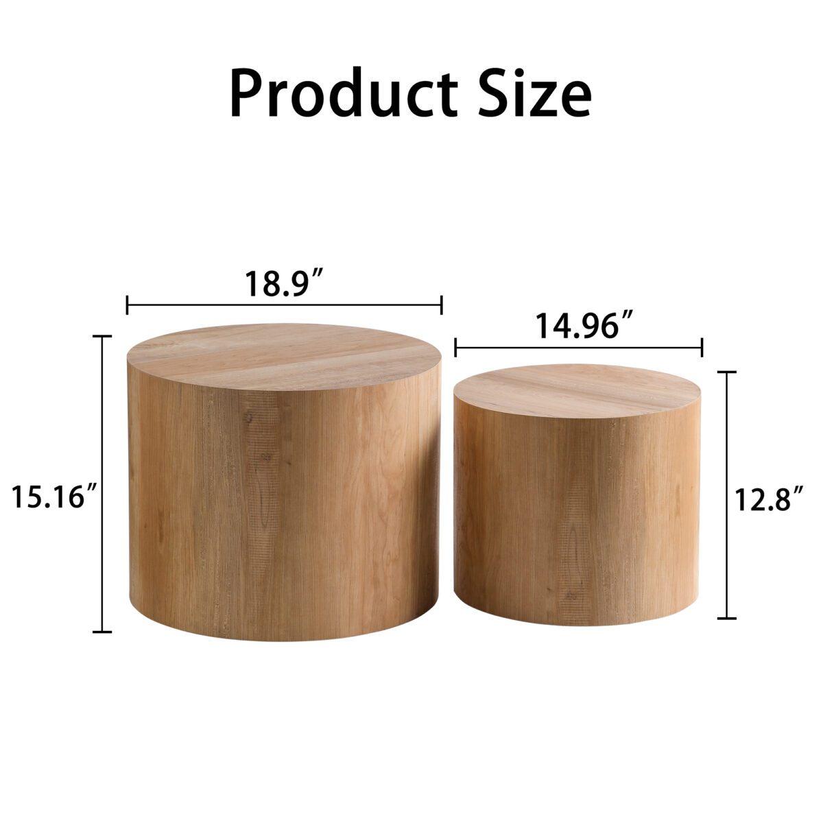 Set of 2 Nesting Natural Wood Grain MDF Cylinder Side Tables, Light Tone Drum Accent Table Set - Image 5