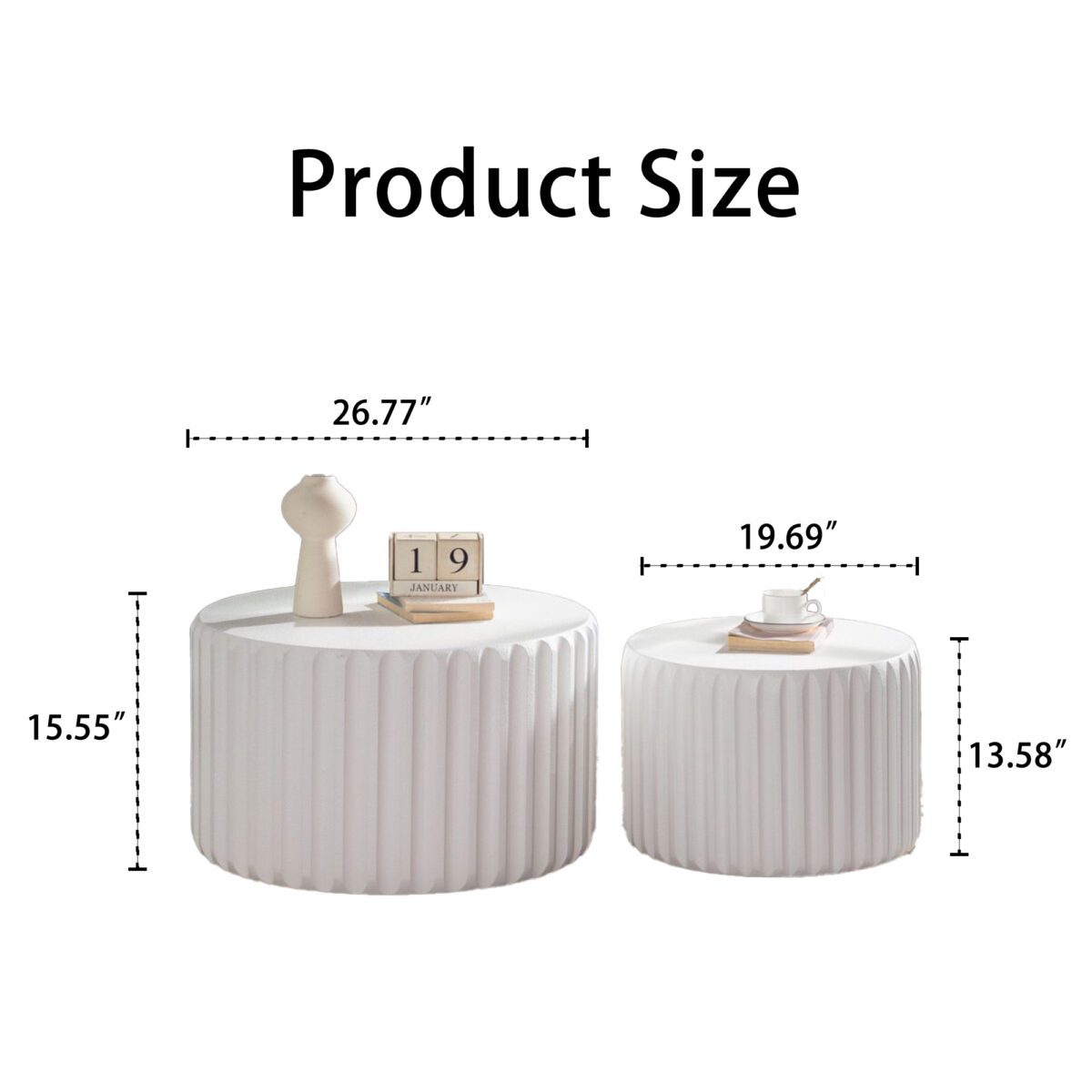 Set of 2 White Fluted Nesting Tables - Modern Ribbed Round Accent Tables - Image 5