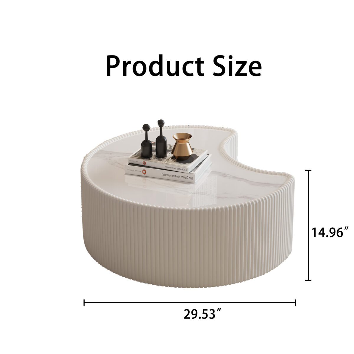 White Pleated C-Shaped Coffee Table - Sintered Stone Top & Fluted PU Leather Accent Table - Image 5