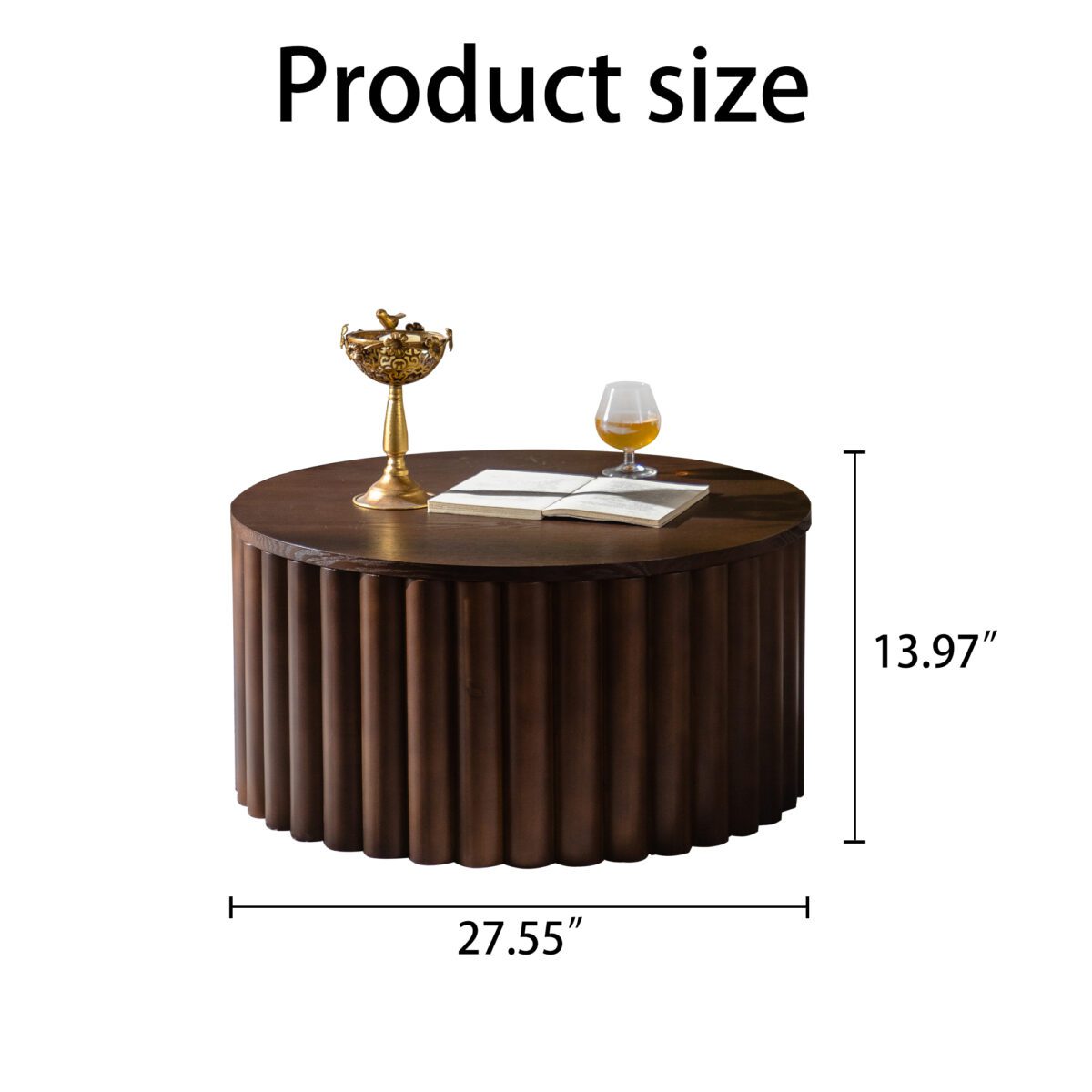 Dark Brown Fluted Lift-Top Coffee Table - Round Ribbed Accent Table with Hidden Storage - Image 6