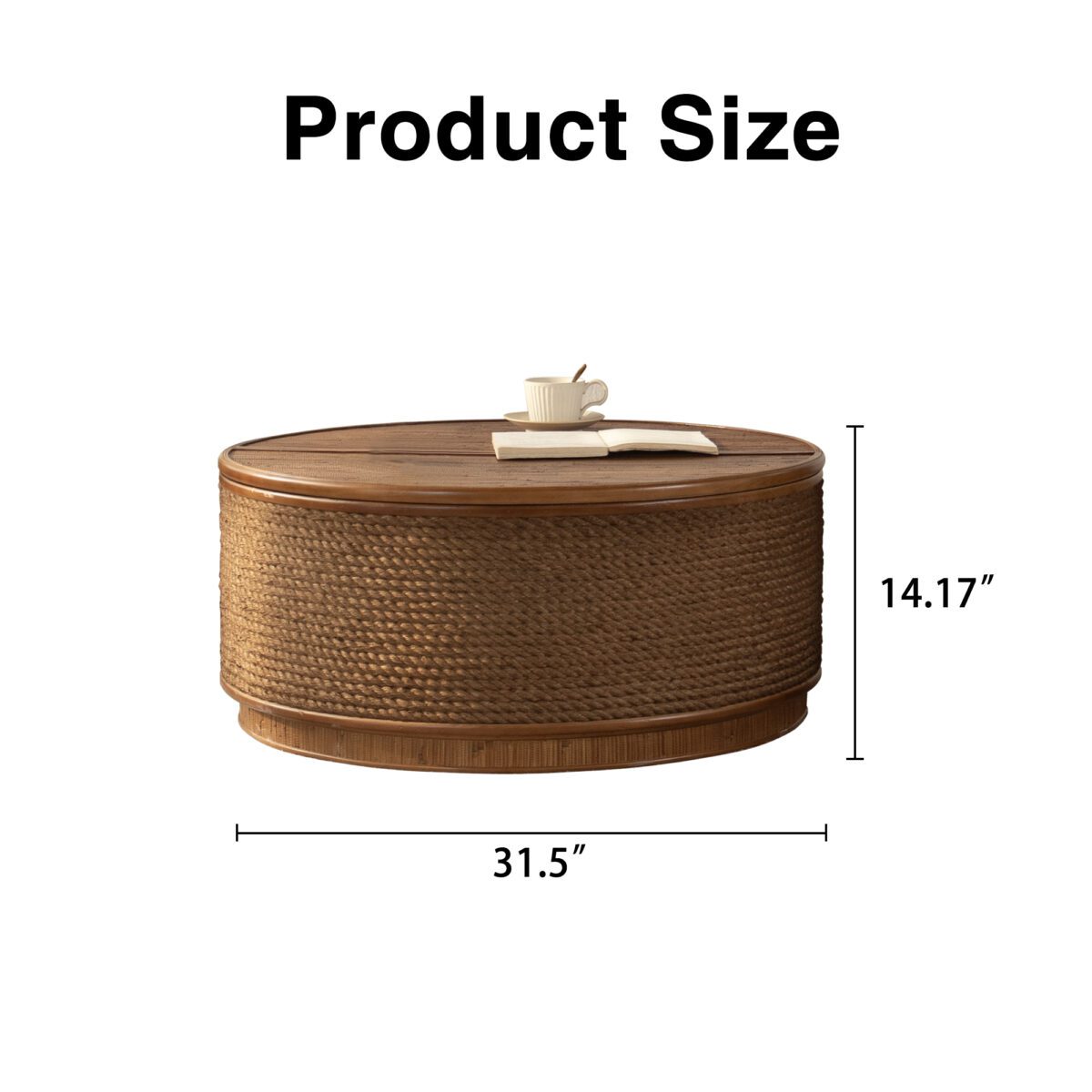 Round Woven Rope Storage Coffee Table - Natural Wood & Rope Accent Table with Lift-Top Compartment - Image 6