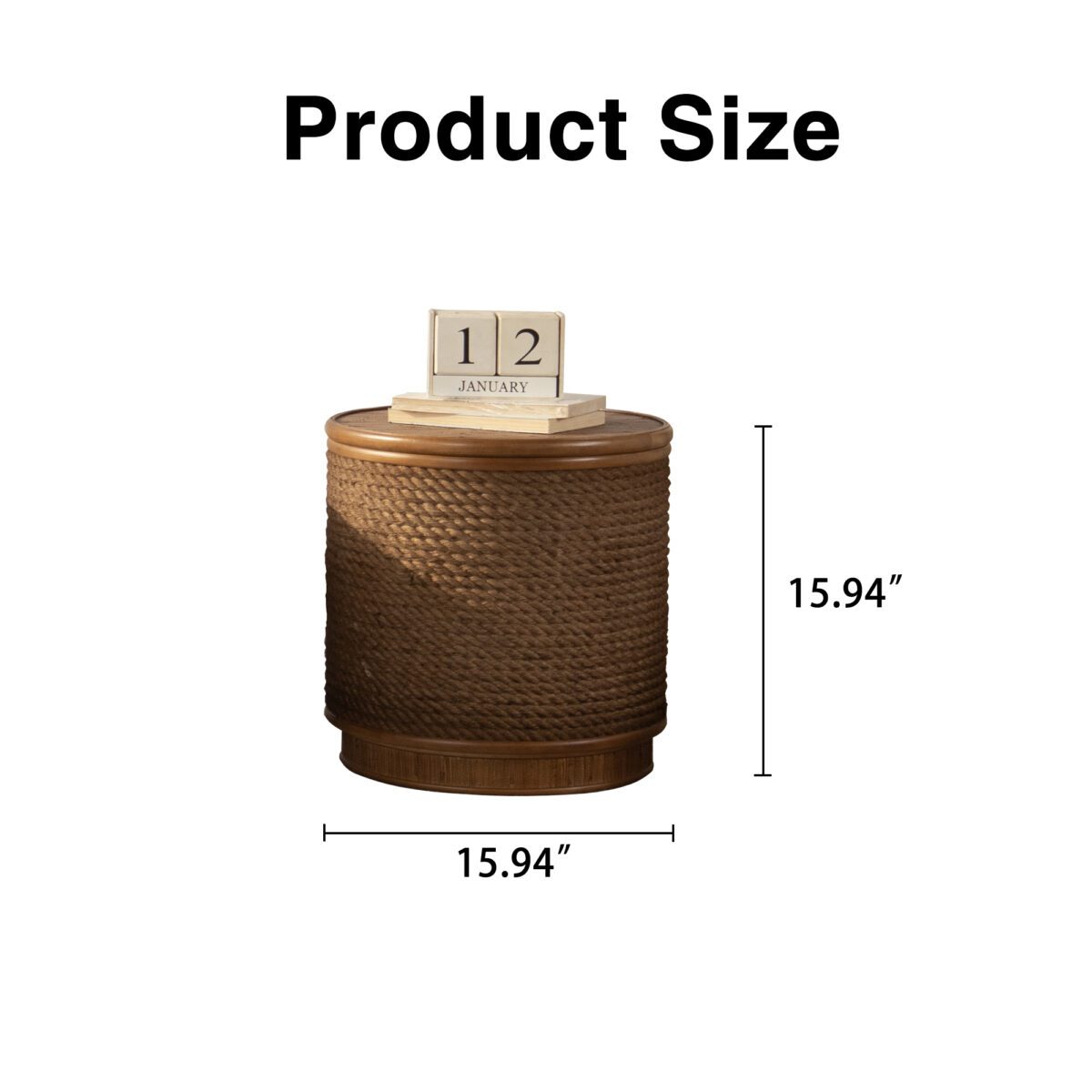 Round Woven Rope Storage Side Table - Natural Wood & Rope Accent Table with Hidden Storage - Image 6