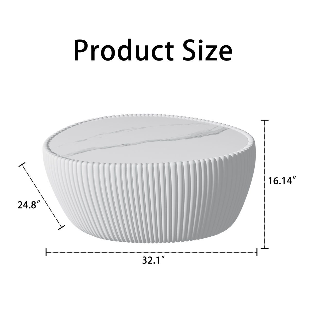 White Round Pleated Coffee Table - Marble Top & PU Leather Base Modern Accent Table - Image 4