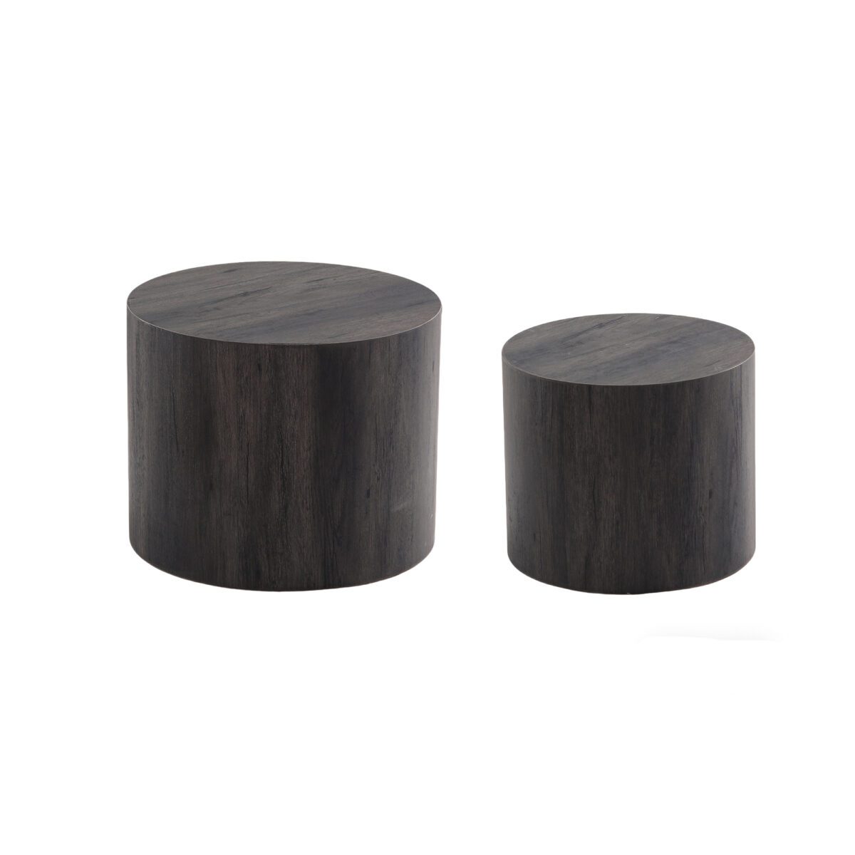 Set of 2 Nesting Round Cylinder MDF Side Tables, Dark Rustic Wood-Grain Drum Accent Table Set - Image 6