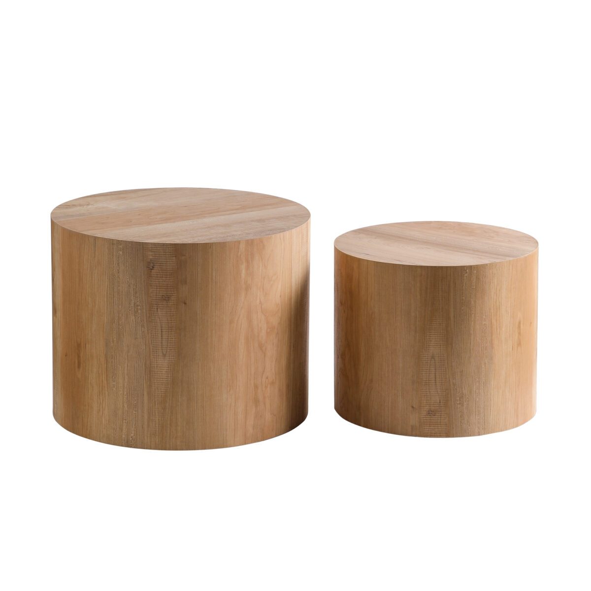 Set of 2 Nesting Natural Wood Grain MDF Cylinder Side Tables, Light Tone Drum Accent Table Set - Image 4