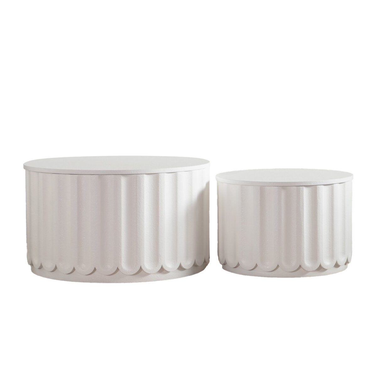 Set of 2 White Fluted Nesting Storage Tables - Modern Round Accent Coffee & Side Tables - Image 6