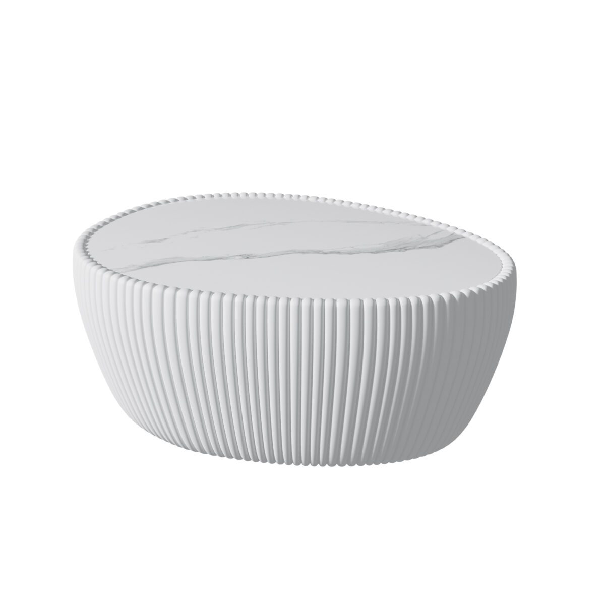 White Round Pleated Coffee Table - Marble Top & PU Leather Base Modern Accent Table - Image 3