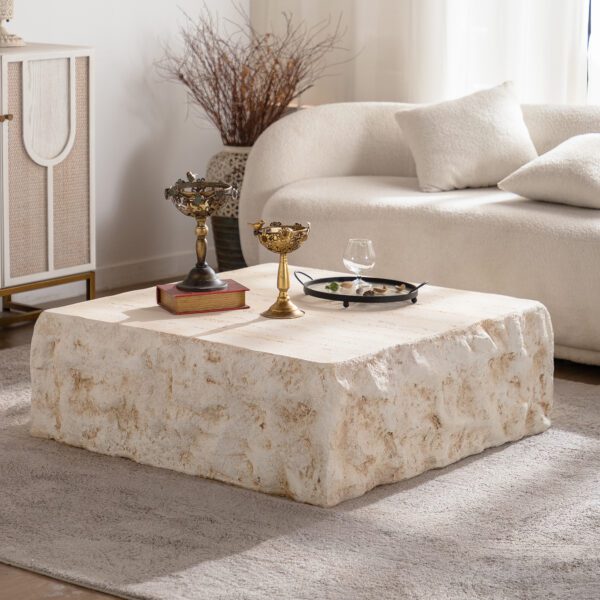 Travertine-Effect MDF Cube Coffee Table - Organic Square Block Accent Table