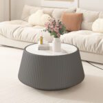 Round Faux Marble Top Coffee Table with Vertical Fluted PU Leather Wrapped Drum Base, Modern Minimalist Accent Table