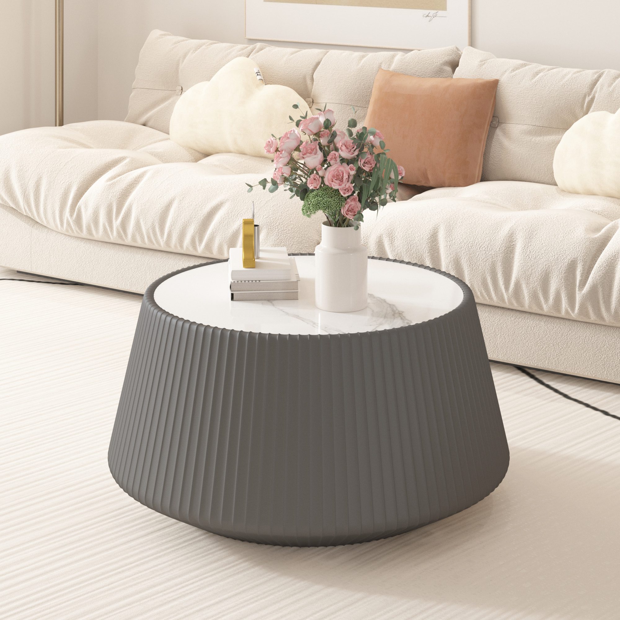 1 Round Faux Marble Top Coffee Table with Vertical Fluted PU Leather Wrapped Drum Base, Modern Minimalist Accent Table - Image 1