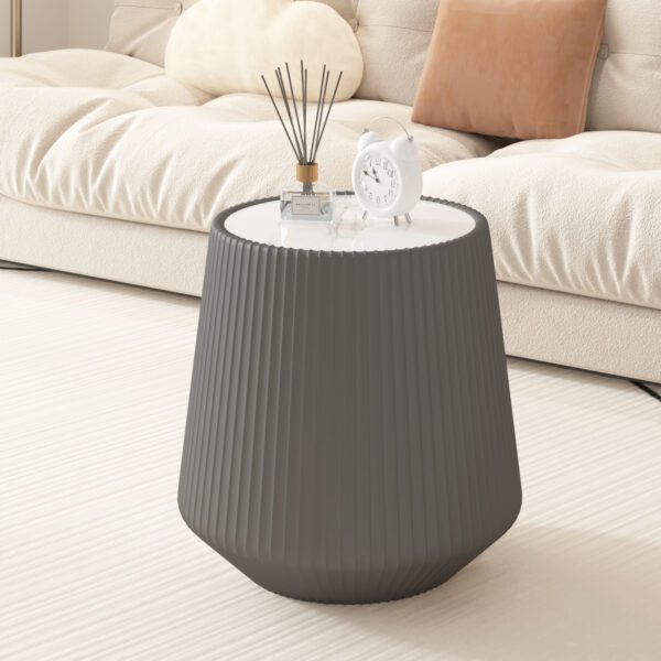 Round Faux Marble Top Side Table with Vertical Fluted PU Leather Drum Base, Modern Cone Accent End Table