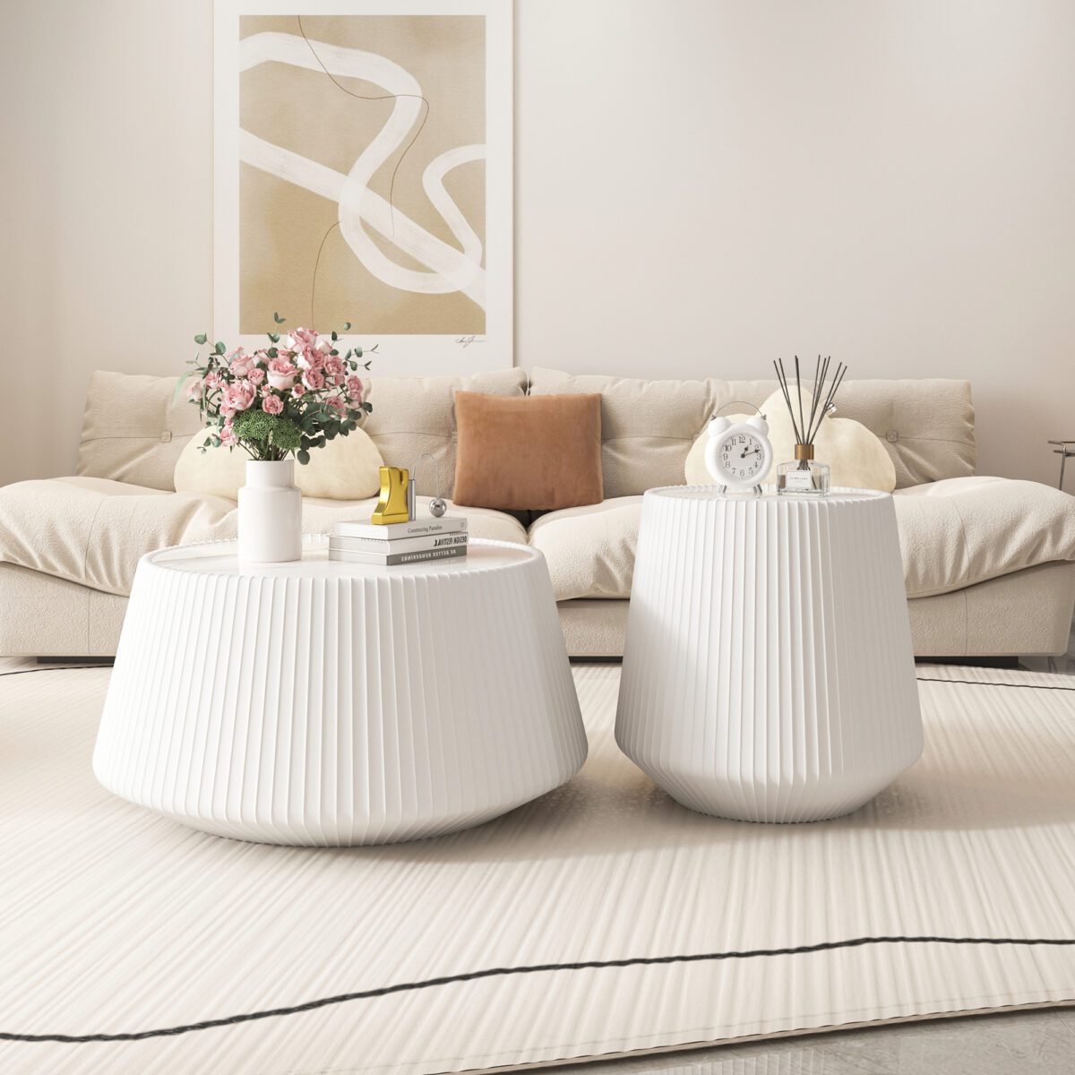 White Round Faux Marble Coffee Table with Vertical Fluted PU Leather Drum Base, Modern Minimalist Living Room Accent Table - Image 2