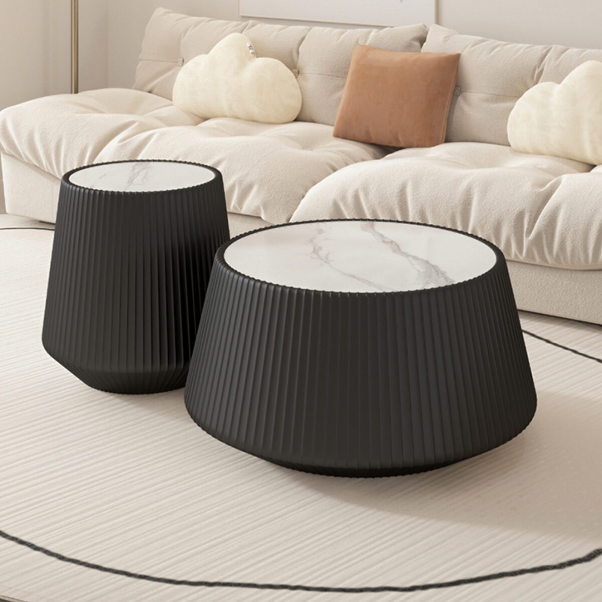 Black Round Faux Marble Top Side Table with Vertical Fluted PU Leather Cone Base, Modern Compact Accent End Table - Image 2