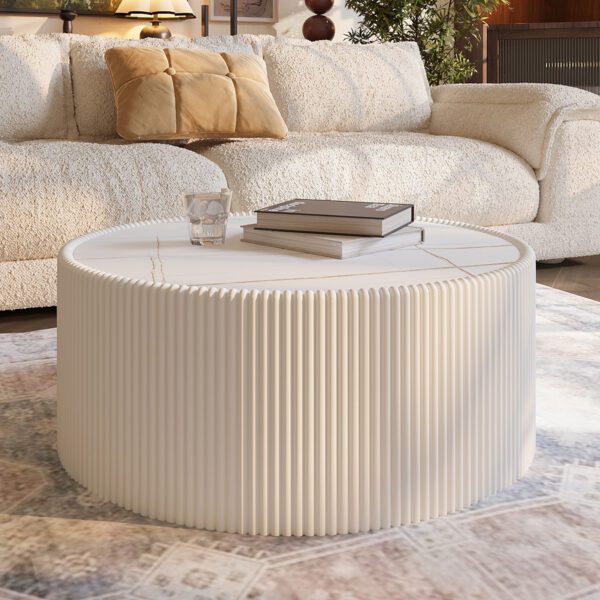 Round Faux Marble Top Coffee Table with Vertical Fluted PU Leather Drum Base, Modern Cream White Living Room Center Table