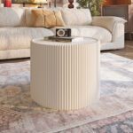 Round Faux Marble Top Side Table with Vertical Fluted PU Leather Cylinder Base, Modern Cream Accent End Table