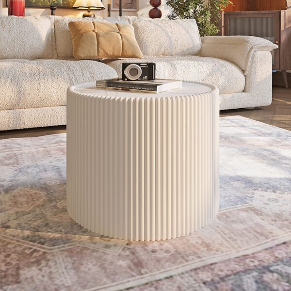 Round Faux Marble Top Side Table with Vertical Fluted PU Leather Cylinder Base, Modern Cream Accent End Table