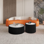 Set of 2 Nesting Round Coffee Tables, Faux Marble Top with Vertical Fluted PU Leather Hollow Drum Base Accent Table Set