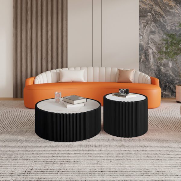 Set of 2 Nesting Round Coffee Tables, Faux Marble Top with Vertical Fluted PU Leather Hollow Drum Base Accent Table Set