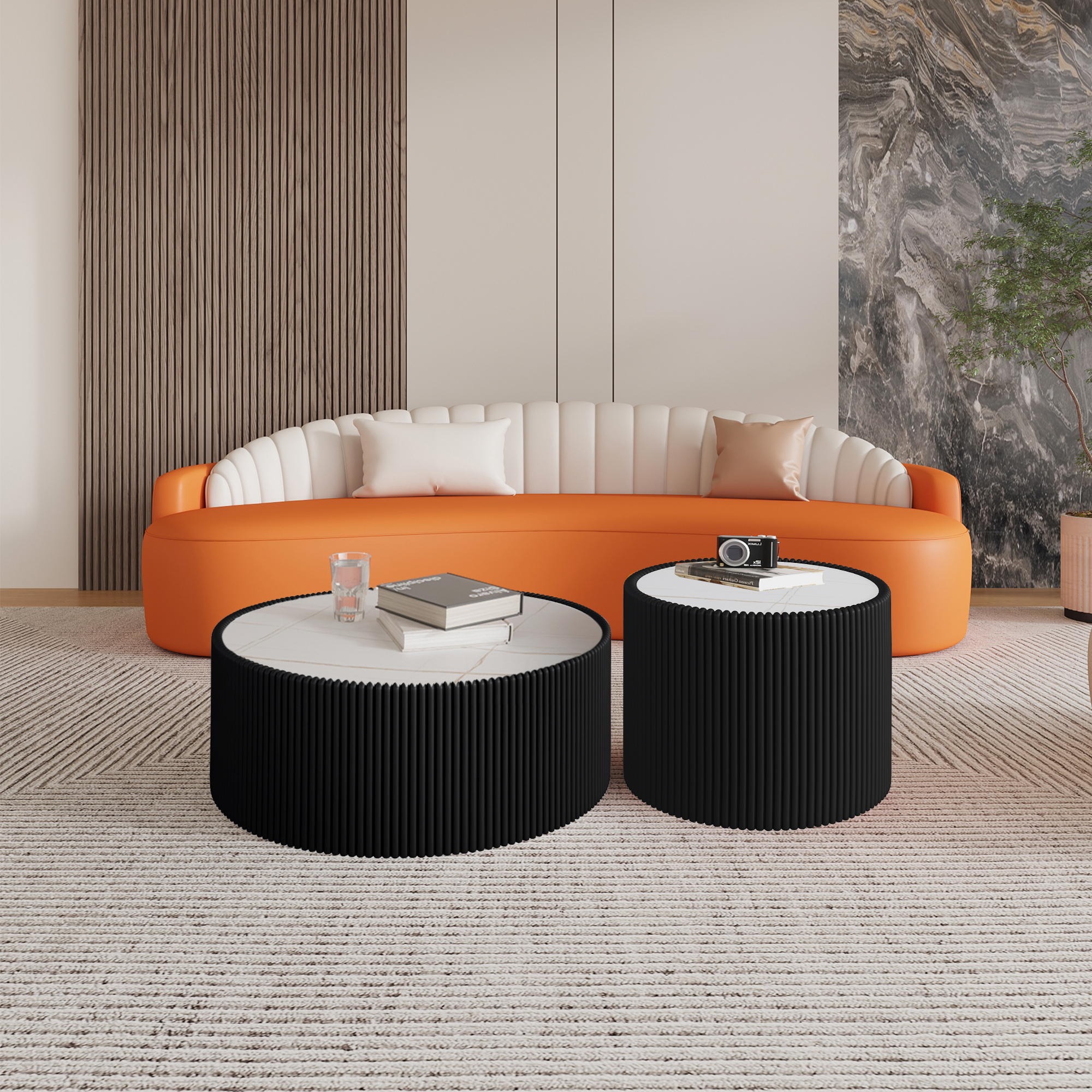 1 Set of 2 Nesting Round Coffee Tables, Faux Marble Top with Vertical Fluted PU Leather Hollow Drum Base Accent Table Set - Image 1