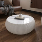 White Round Faux Marble Coffee Table with Vertical Fluted PU Leather Hollow Drum Base, Modern Minimalist Living Room Center Table