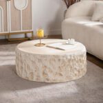 Round Travertine-Effect MDF Coffee Table - Organic Drum Accent Table