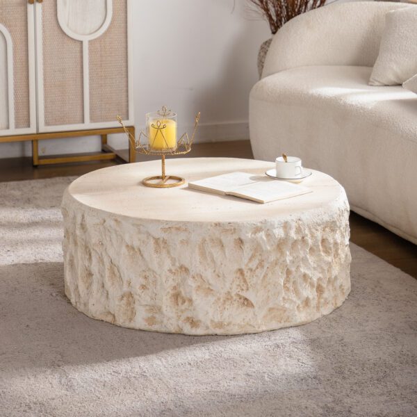 Round Travertine-Effect MDF Coffee Table - Organic Drum Accent Table