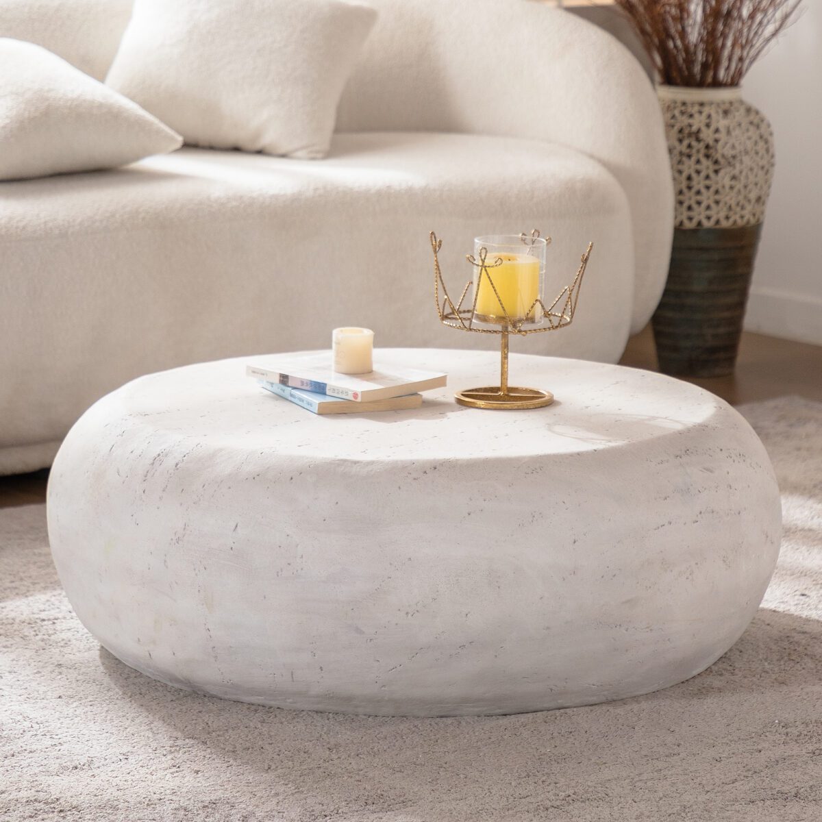 Outdoor Round Travertine-Effect  Coffee Table - Weather-Resistant Low-Profile Patio Accent Table - Image 2