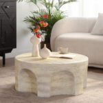 Round Travertine-Effect MDF Coffee Table - Modern Organic Accent Table with Arched Cutouts