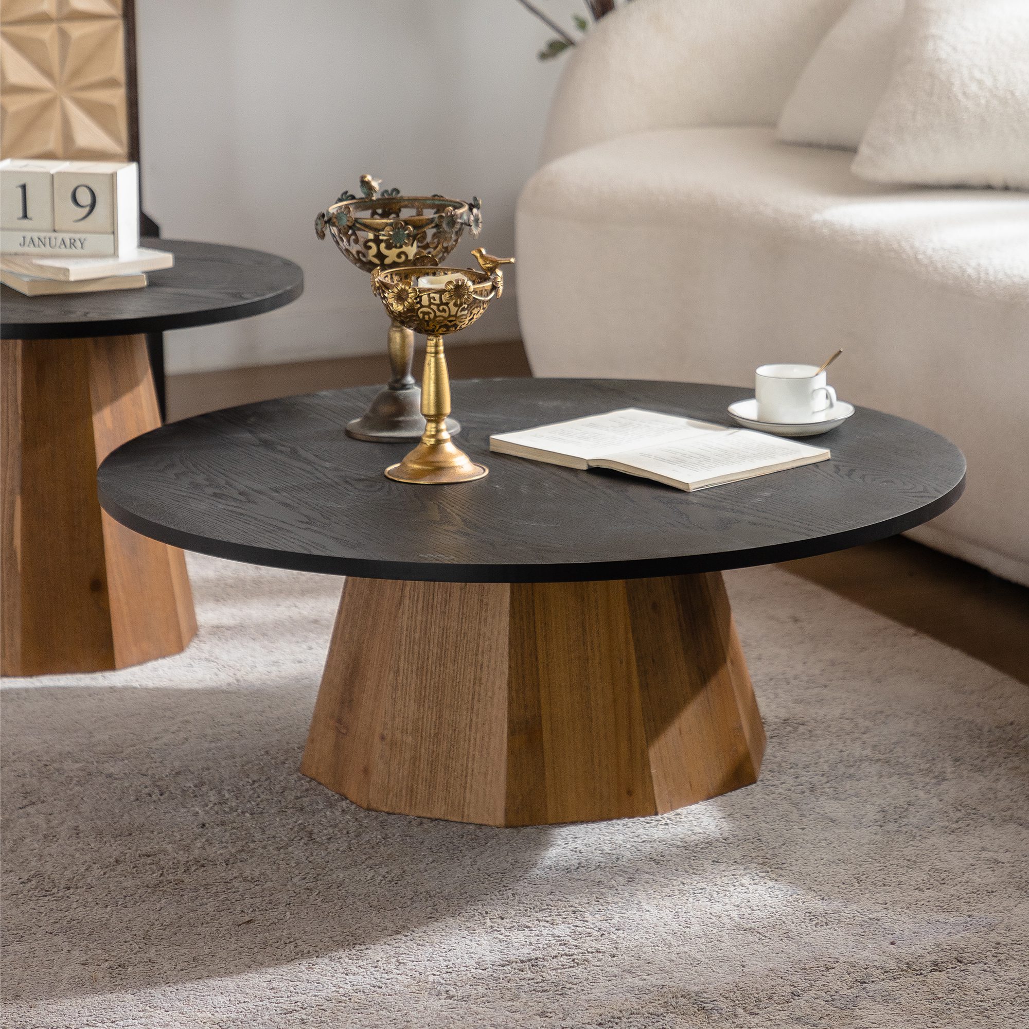 1 Two-Tone Round MDF Coffee Table - Modern Pedestal Accent Table with Wood Veneer Finish - Image 1
